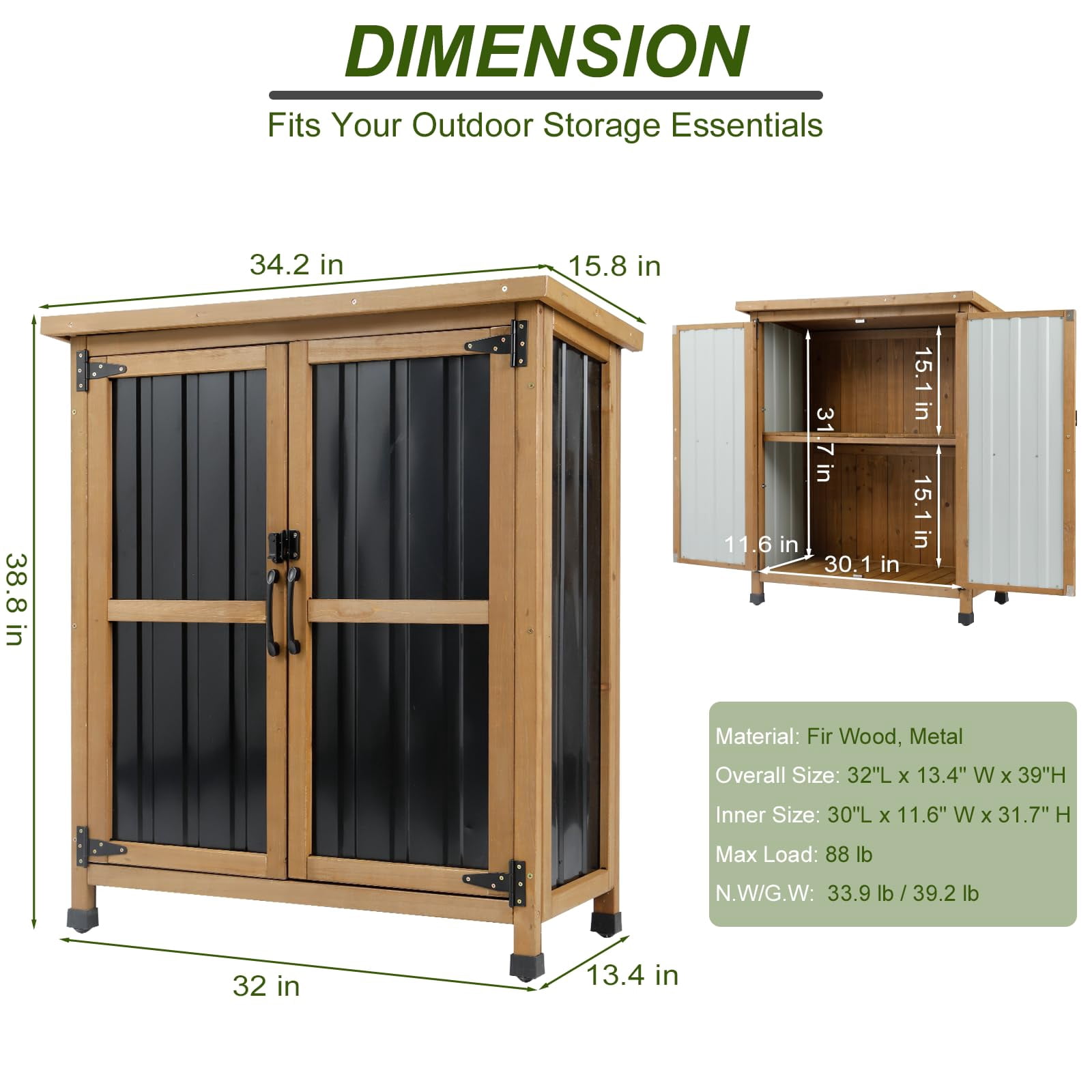 Gowoodhut Outdoor Storage Cabinet Wood Storage Shed Waterproof Roof, Double Lockable Doors Garden Shed with Removable Shelves for Patio, Garden