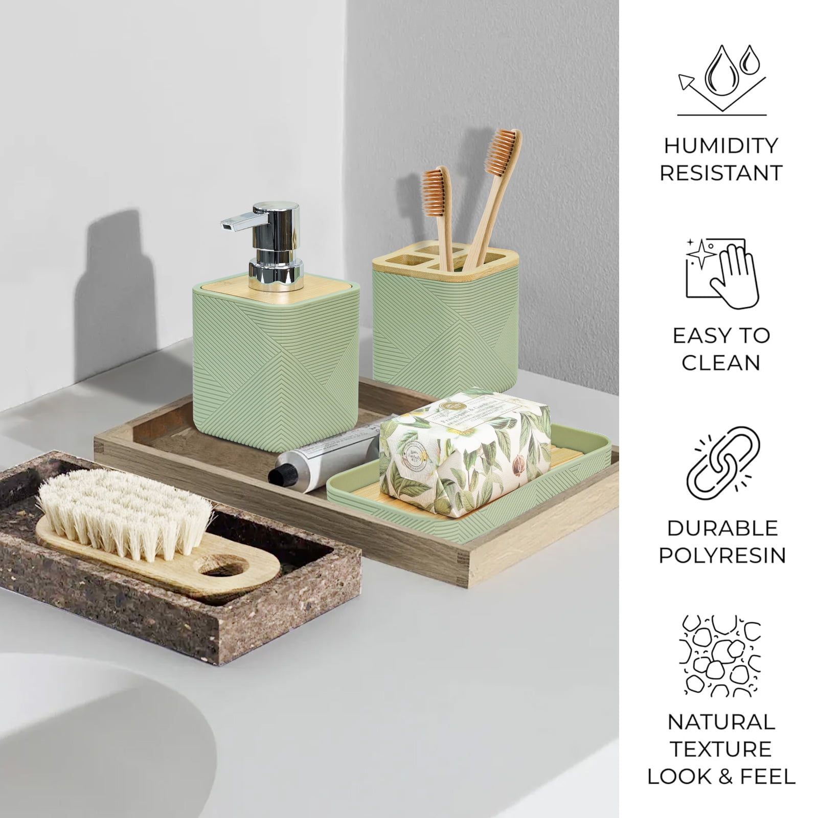 CERBIOR Bathroom Accessories Set 6 Piece Bamboo Bath Ensemble Includes Soap Dispenser, Toothbrush Holder, Toothbrush Cup, Soap Dish for Decorative Countertop and Housewarming Gift, Green