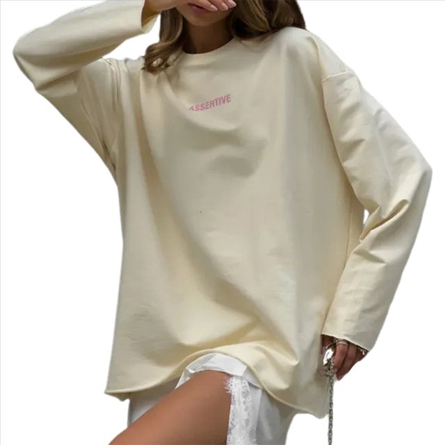 Camisetas de Larga Extragrandes para Mujer 2025, Camisetas Básicas de Cuello Redondo, Tops de Otoño, Ropa Informal de Entrenamiento Y2K Albaricoque L