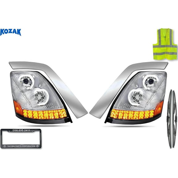 KOZAK Compatible with Volvo VNL 2004-2017 Full LED Performance Headlights with Sequential Turn Signals Chrome Set