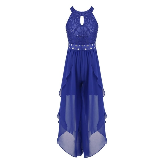 Hansber Flower Girls Sleeveless Glitter Lace Romper Dress Asymmetrical Chiffon Wedding Pageant Party Gown Royal Blue 8