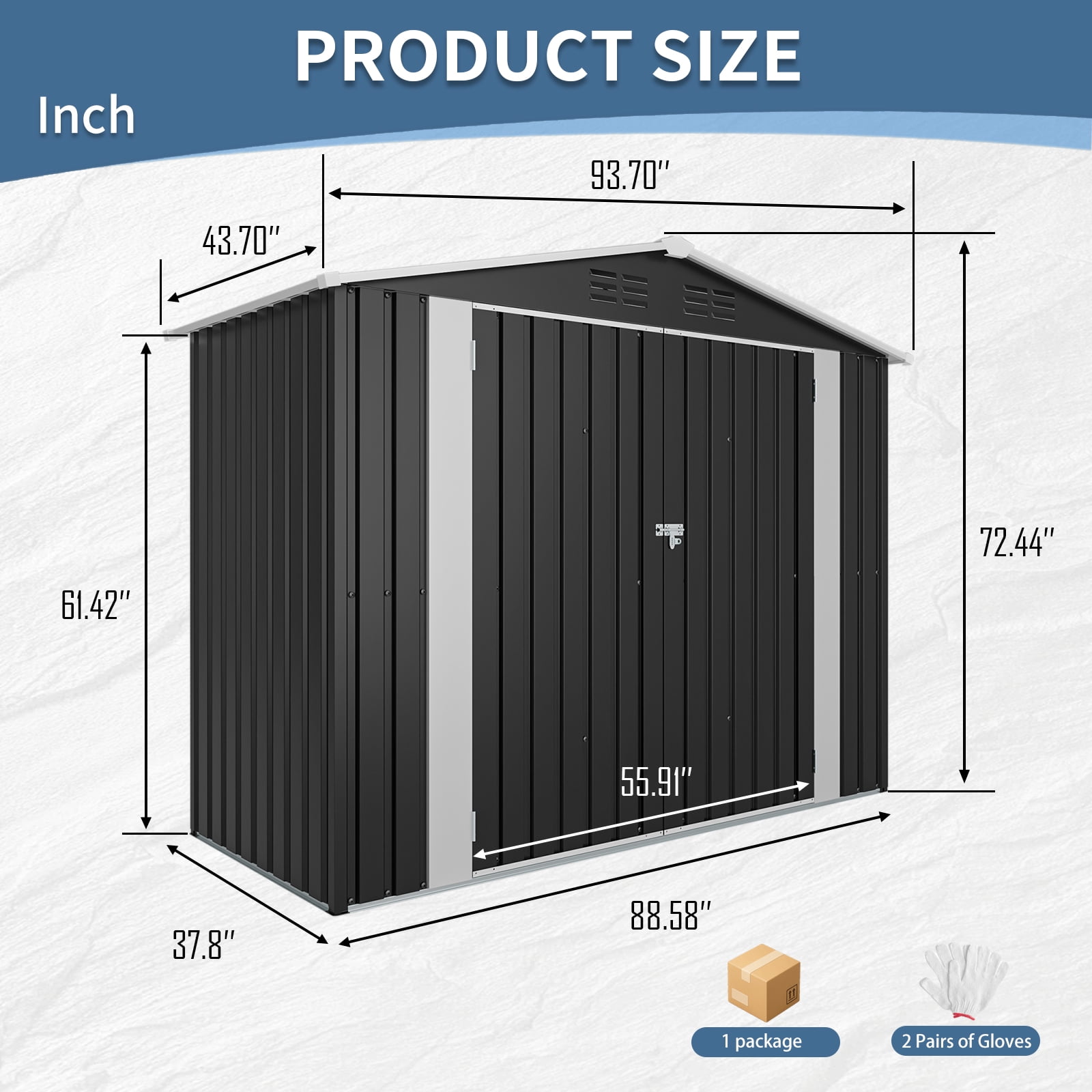 Mintazer 4x8ft Galvanized Steel Outdoor Storage Shed, Metal Garden Tool Storage Building with Vents & 3 Door, Backyard Utility Storage Cabinet for Bikes Patio