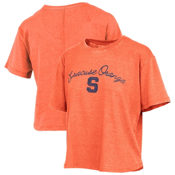 Women's Pressbox  Orange Syracuse Orange Vintage Waist Length Script Over Logo T-Shirt