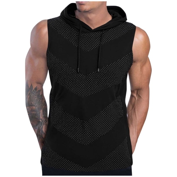 Camiseta con Capucha Casual Impresa para Hombres, Blusa sin Mangas con Cordón Deportivo para Gimnasio Y Desgaste Al Aire Libre, Top Atlético Transpirable, Sudadera Ligera