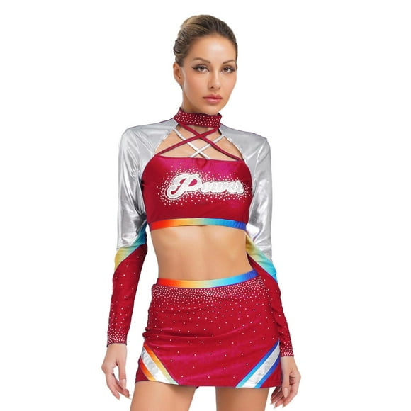 Aislor Hauts Courts à Manches Longues et Bretelles Croisées pour Femmes & Jupe de Danse Uniforme de Cheerleading pour Adolescentes Bourgogne P