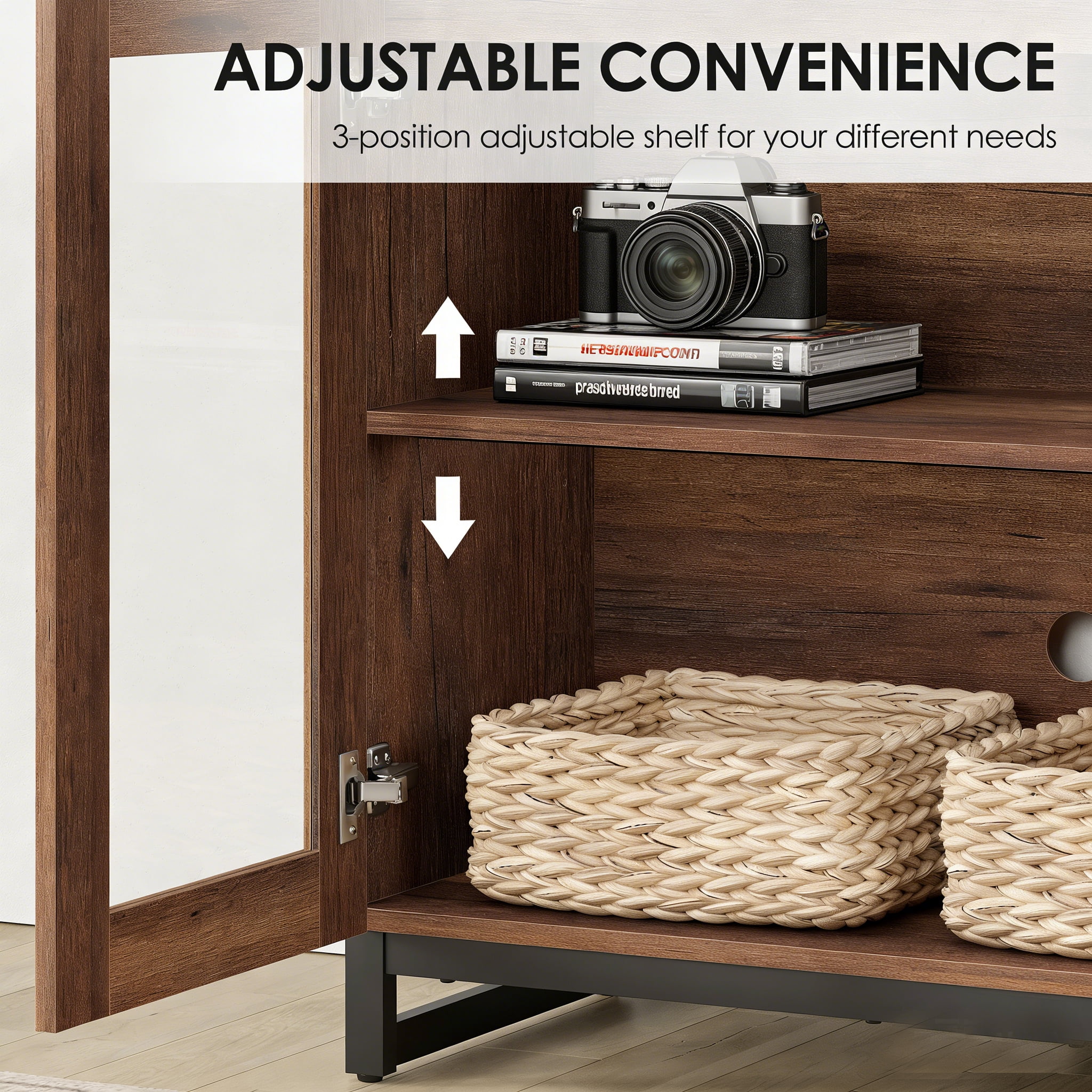 Modern Entertainment Center TV Console with Adjustable Shelves and Glass Doors, Home Media Furniture for 110 Inch TVs, Perfect for Living Room Use,Brown