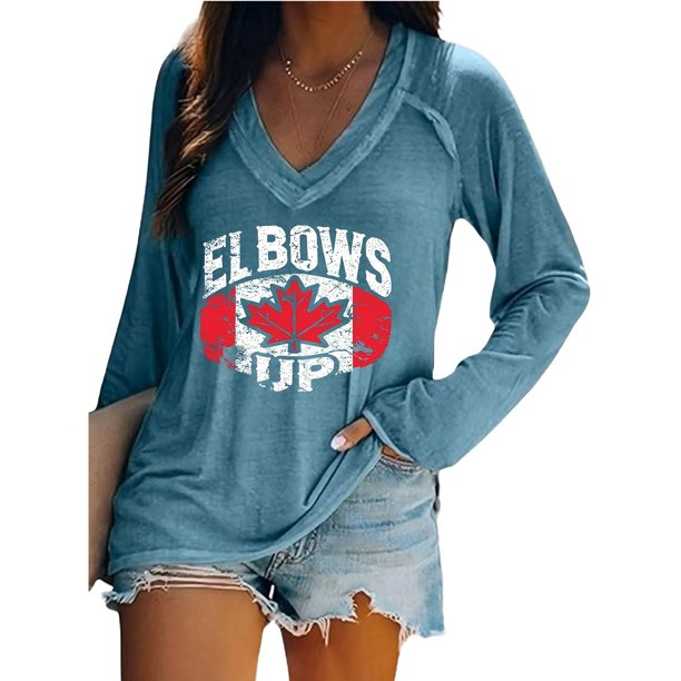 MHFRRA Camiseta Informal de Manga Larga con Cuello En V y Estampado Canadiense para Mujer Azul Cielo