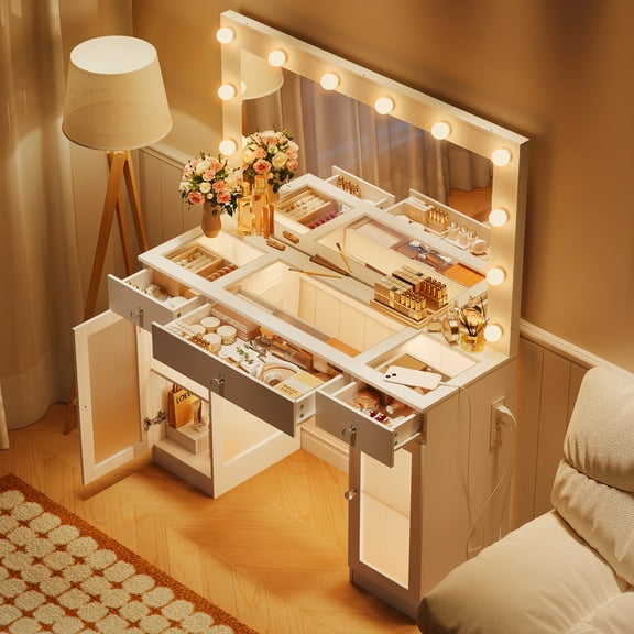 ABOVOBA Makeup Vanity Desk with Large Mirror and Lights,Big Vanity with Power Outlet for Women,White