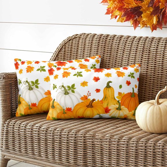 Outdoor Waterproof Throw Pillow Cover Thanksgiving Pumpkins Fall Maple Leaves Decorative Pillow Covers 20x12inch Set of 2 Pillows Case, Orange Watercolor Cushion Cases for Sofa Couch Patio Garden
