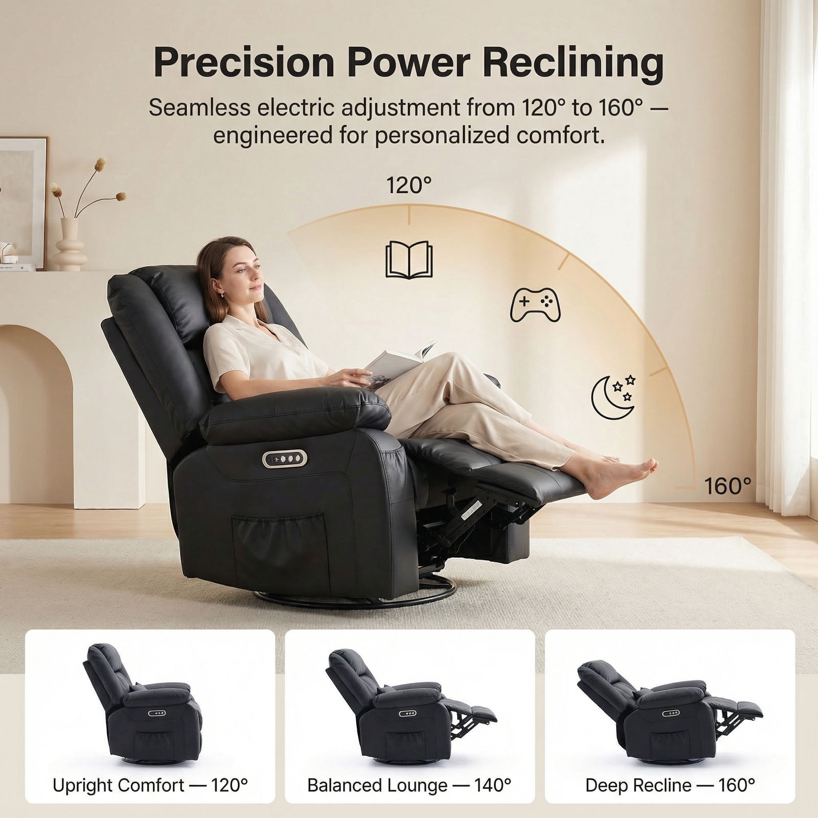 IPKIG Electric Power Recliner with Heat & Massage, 240° Swivel Rocking Chair for Living Room, LED Home Theater Recliner, Faux Leather Black