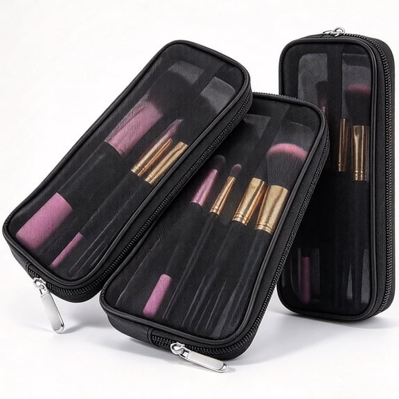 Mesh Makeup Brush Bag, 9.05 x 3.74 inch Portable Travel Toiletry Holder with Zipper, Black, 3 Pcs (No Brush)