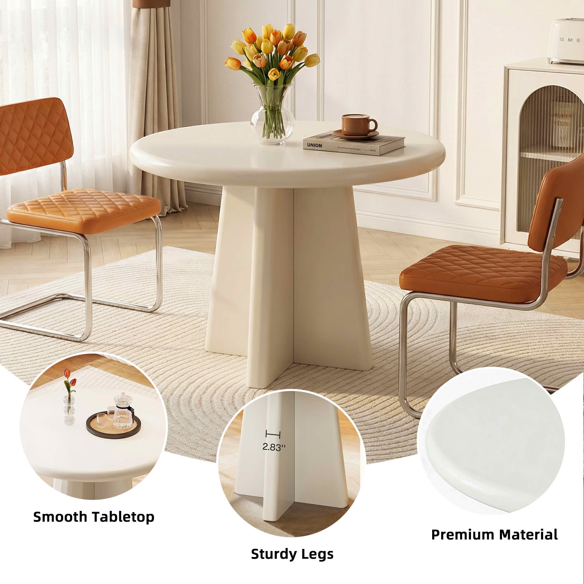 MAYEERTY 31.5 Inch Round Dining Table, White Minimalist Kitchen Dinner Table with Intersecting Cross Base for 2 to 4 People