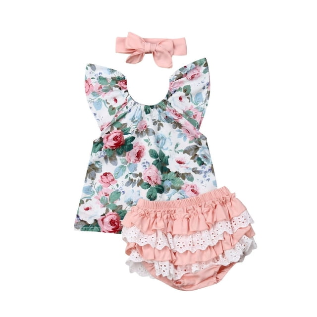 Baby Girl Floral Sleeveless Tops + PP Lace Ruffle Shorts + Headband Summer Clothes Set