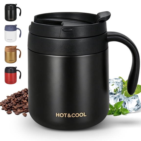 Huryfox Insulated Travel Mug - 12oz Double Wall Vacuum Stainless Steel Airtight Coffee Mug with Handle and Splash Lid for Cold/Hot Coffee, Tea (Black)