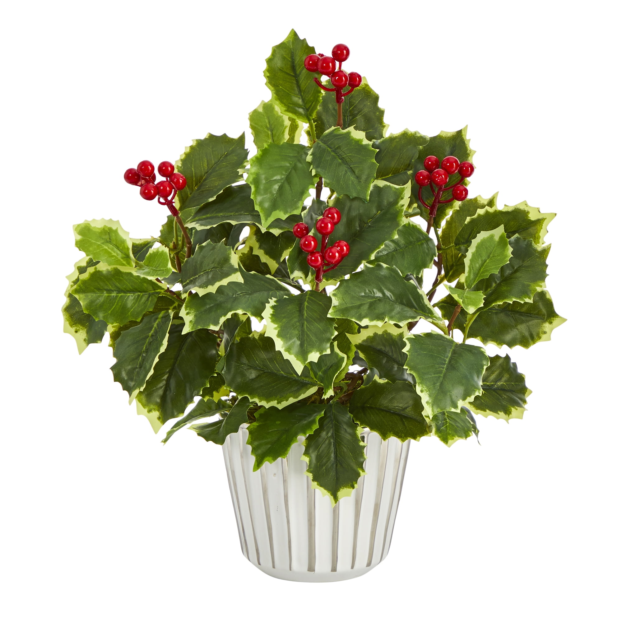 13in. Variegated Holly Leaf Artificial Plant in White Planter with