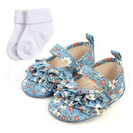 

Baby Girls Mary Jane Flats Infant Cute Floral Print Shoes Newborn Princess Dress Wedding Ruffled Shoes Toddler First Walkers with Socks 0-18M