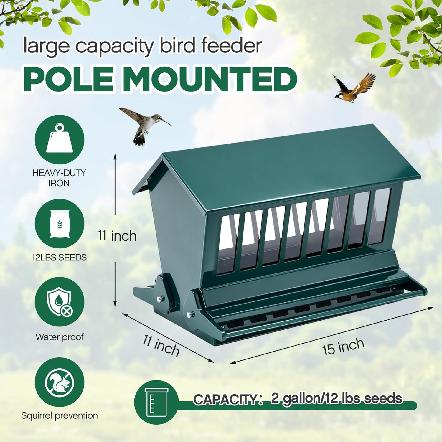 Squirrel Proof Bird Feeder Metal 12lbs Large Capacity for Cardinals Chickadees Green Bird Feeder on Pole for Outdoors, Not Including Pole