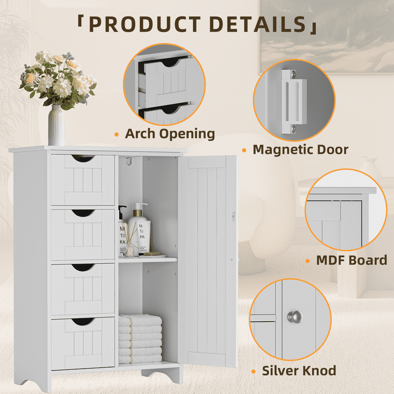 Lacoo Bathroom Storage Cabinet with 4 Drawers, Side Storage Organizer with 1 Cupboard and 2 Shelves Freestanding Cabinet, White