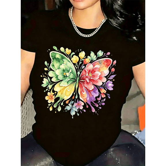 Women Watercolor Floral Butterfly Graphic Crew Neck T-Shirt, Vibrant Rainbow Flower Butterfly Print Casual Short Sleeve Summer Tee