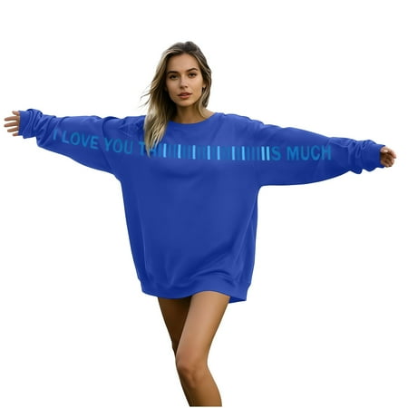 Hurxie Valentines Crewneck Pullover Shirts Women Long Sleeve Love Heart Sweatshirts Graphic Lover Gift Dark Blue L