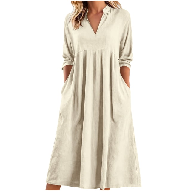 Vestido Largo de Manga Larga para Mujeres Cuello en V Suelto Bolsillo Cuarto de Manga Poliéster Vestido de Fiesta Casual