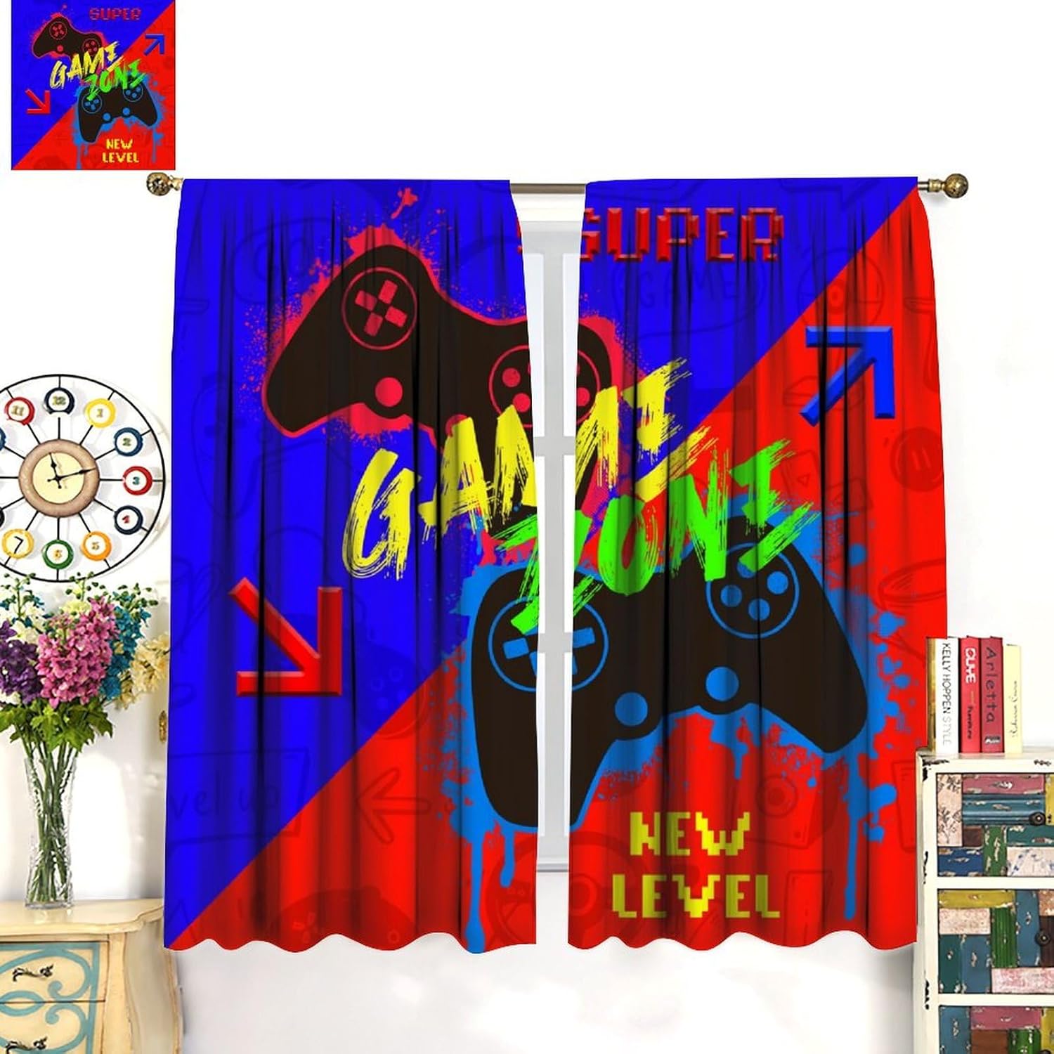 Gaming Gamer Blackout Curtains,Red Blue Patchwork Video Games Controller Gamepad Print Rod Pocket Window Treatments Drapes for Teens Kids Playroom Bedroom 42" W X 54" L