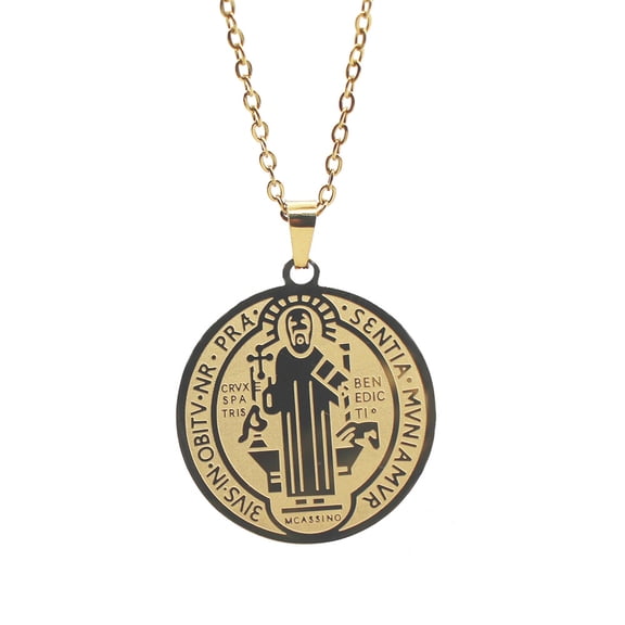 Saint Benedict Medal 14K Yellow Gold Necklace for Women Golden Silver Color Jesus Cross Chain Necklace Jewelry