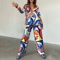 thumbnail image 2 of Edvintorg Set for Women Fashion Women's Print Deep V Lapel Water Ripple Print Long Sleeve Flared Mopping Trousers Suit High-End Chiffon Suit Casual Lounge Sets, 2 of 7