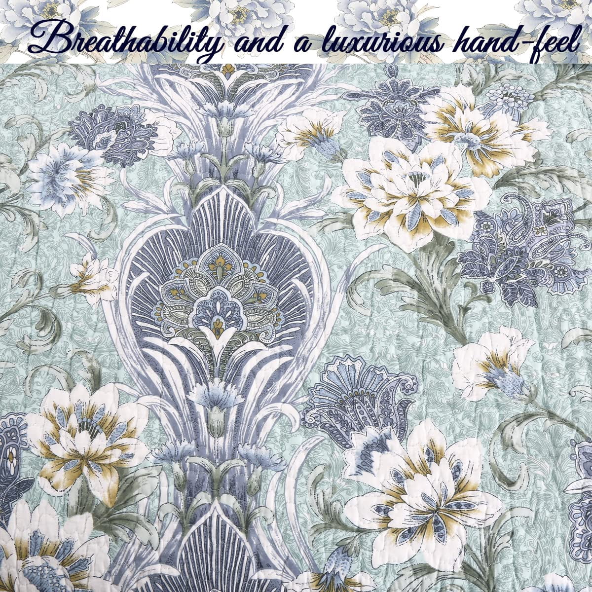 Cozy Line Jasmine Floral Porcelain Garden Vase 100% Cotton 3-Piece Reversible Quilt Set, Queen Set
