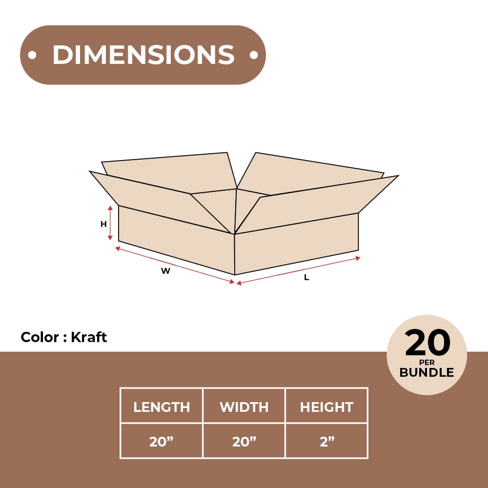 SSBM 20" x 20" x 2" Kraft ECT-32 Single Wall Corrugated Flat Boxes Shipping Packing 20/BUNDLE