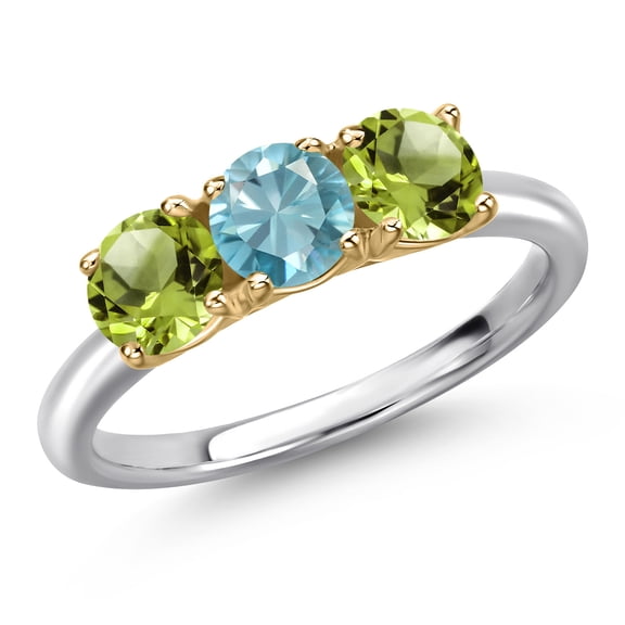 Gem Stone King 10K Two Tone Gold Blue Zircon and Green Peridot Engagement Ring for Women | 1.95 Cttw | Round 5MM | Gemstone Birthstone | Size 5