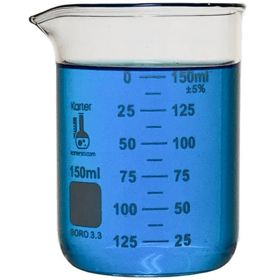 150ml Beaker, Low Form Griffin, Borosilicate 3.3 Glass, Double-Scale Graduations, Karter Scientific 247G4 (Pack 1)