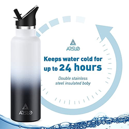 Arslo Stainless Steel Double Wall Water Bottles, Vacuum Insulated Bottle With Straw Lid, Insulated Water Bottle Keeps Water Cold for 24 Hours, Hot for 12 Hours, Hiking, Sports