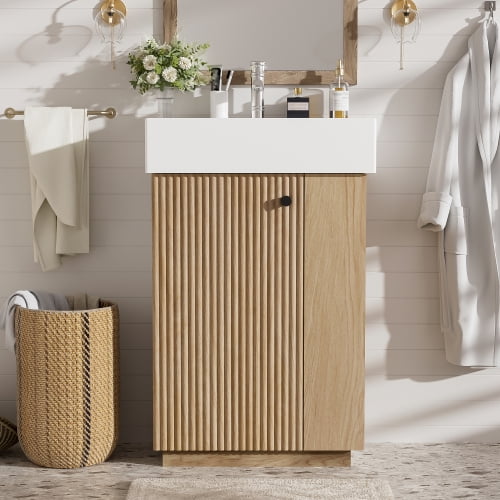 21.6 inch Bathroom Vanity with Ceramic Sink, Freestanding Small Vanity for Bathroom with Open Shelf & Cabinet, Modern Wood Grain Storage for Compact Space