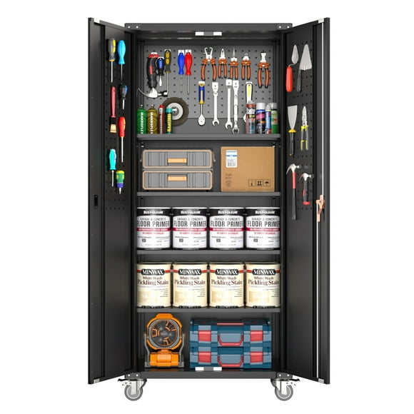 AOBABO 72” Locking Metal Garage Storage Cabinet w/Wheels & Pegboards, Black