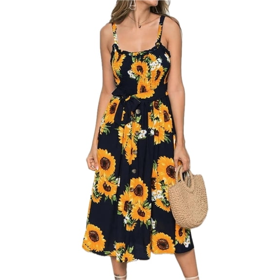 Women's Smocked Sunflower Print Sleeveless Cami Dress with Breathable Fabric and Easy Fit 95% Polyester 5% Spandex