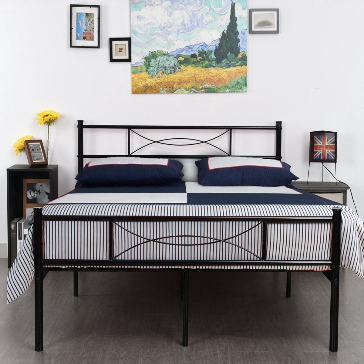 Yoneston Queen Size Metal Bed Bedroom Mattress Platform Foundation with Headboard