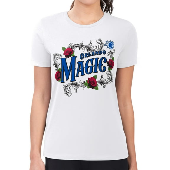 Women's G-III 4Her by Carl Banks White Orlando Magic Super-Slim Fit Lightweight Roses Crew Neck T-Shirt