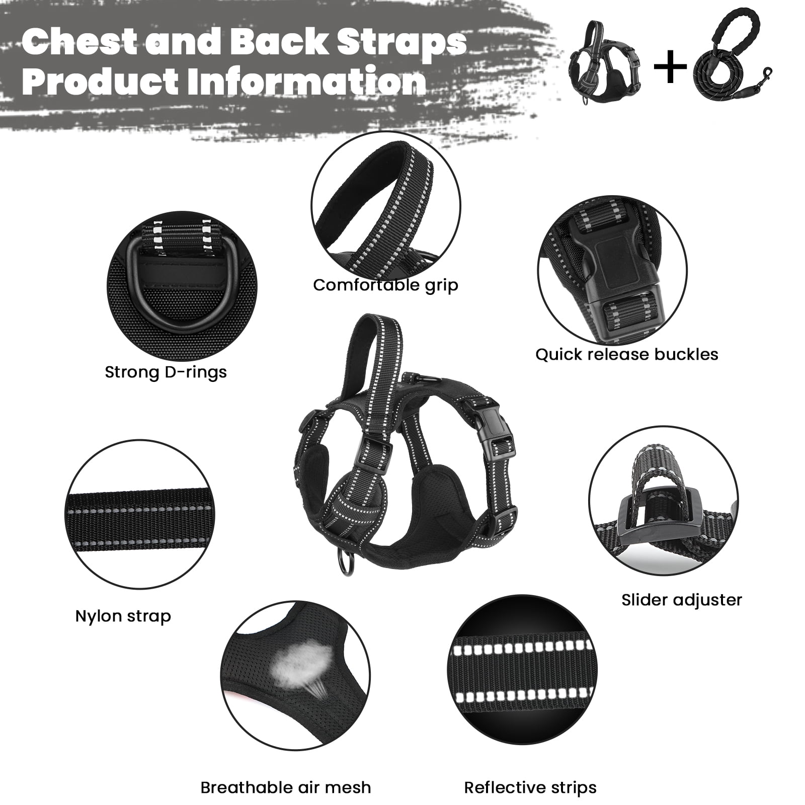 MASBRILL Dog Harness and Leash Set, No Pull Vest Harness, Reflective Adjustable Soft Padded Pet Harness with Handle for Small to Large Dogs