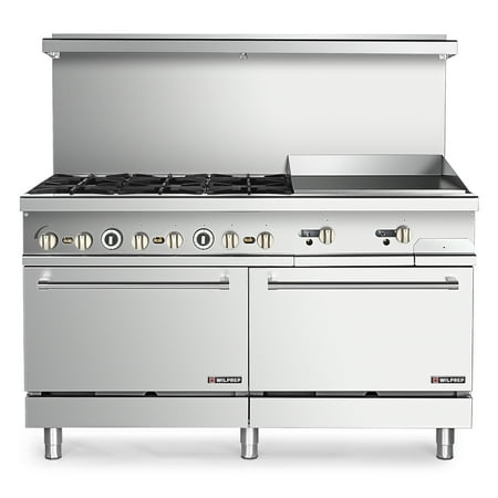 WILPREP 60" Liquid Propane Gas Range with 2 Ovens 24" Griddle, Dual Oven Gas Stove with Total 286,000 BTU Capacity, 6 Burner Commercial Gas Range with Natural Gas Conversion Kit for Restaurant Kitchen