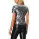 thumbnail image 3 of INSPIRAR CHIC Blusa de Mujer Fiesta Cuello en V Manga Corta Brillante Top Metálico S Plata Oscura, 3 of 6