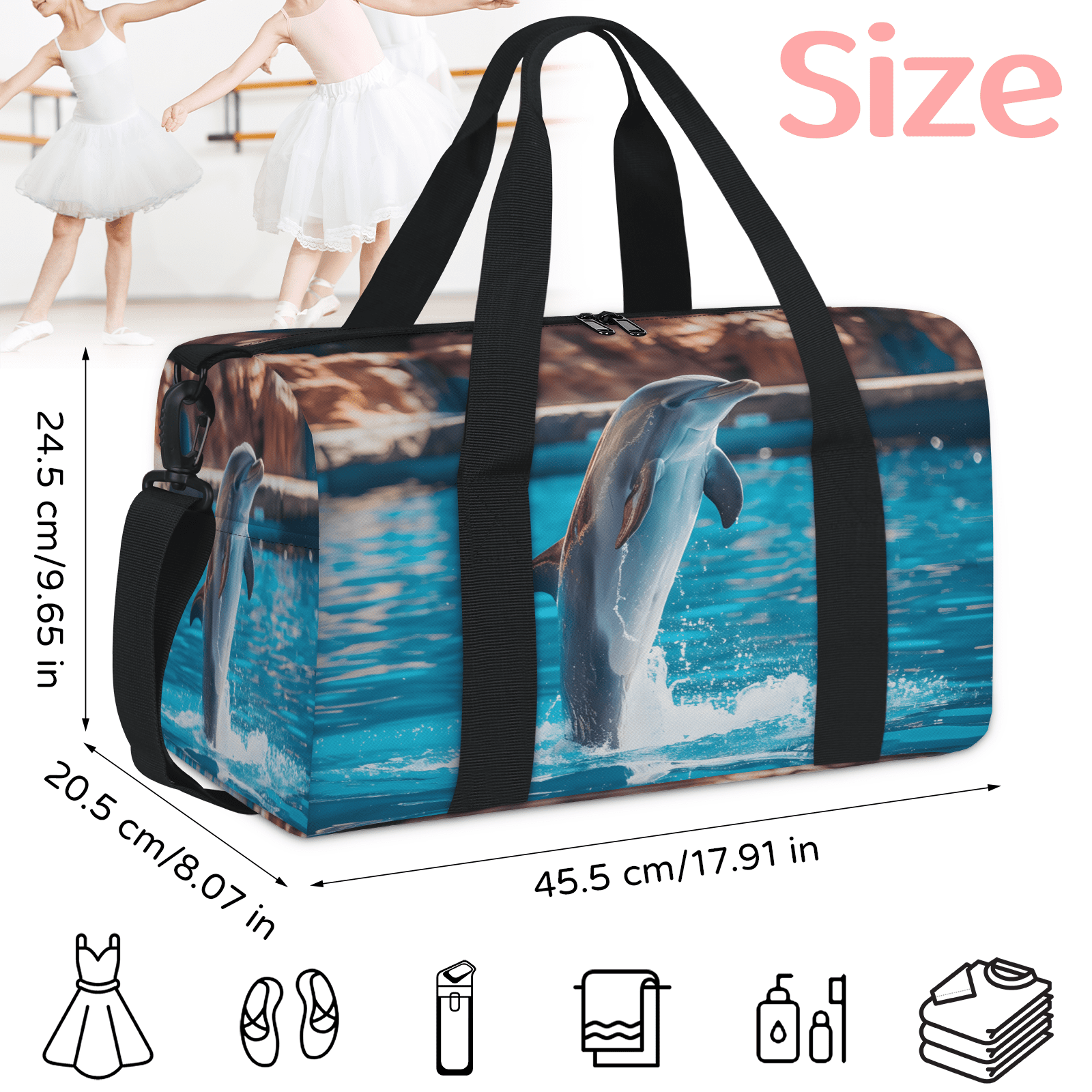 Herdesigns Dolphin Travel Duffle Bag Sports Yoga Weekender Overnight Carry on Workout Bags Lightweight Waterproof Gym Tote Bag for Women