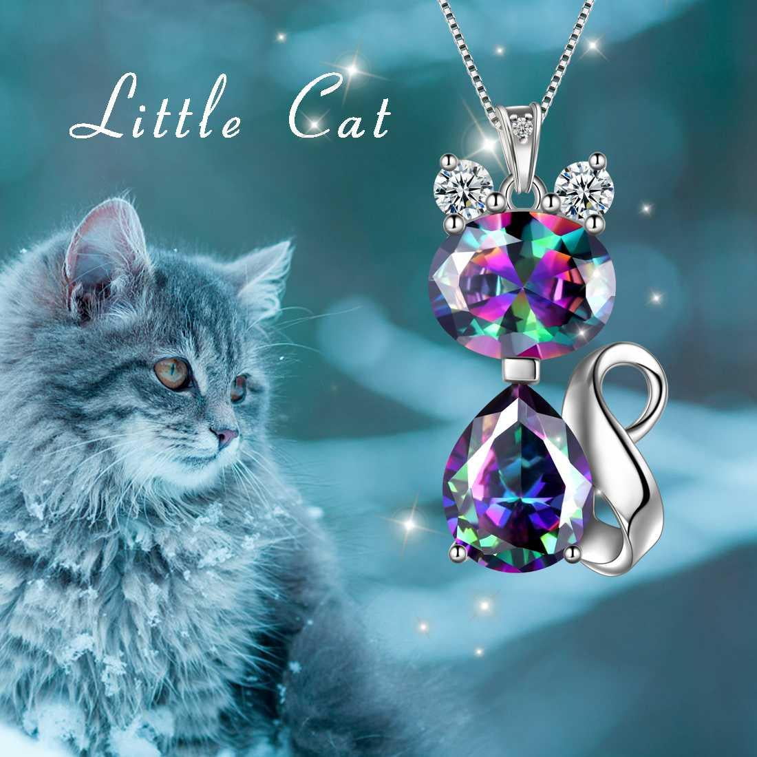 Juwaliy Cat Necklace 925 Sterling Silver Pendant Crystal Rainbow Mystic Topaz Necklaces Jewelry Women Daughter Wife Mother Christmas Birthday Gift