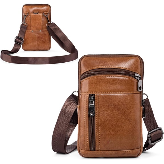 Small Leather Cell Phone Purse Crossbody Bag Belt Pouch for Men | Phone Holster with Belt Clip Belt Loop. Detachable Strap, Multi-Pocket Layout for Cell Phone, Cards, Earphone