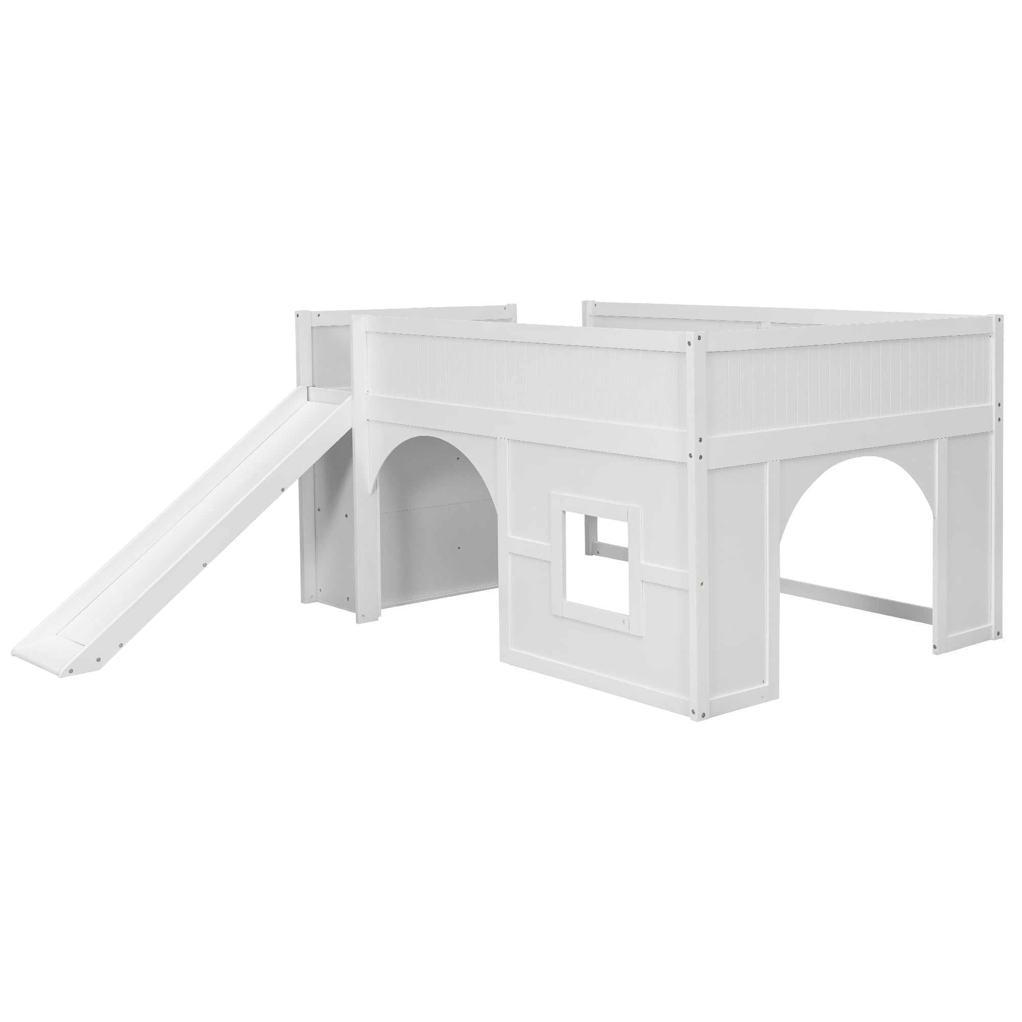 Euroco Full Size Loft Bed with Shelves and Ladder, Low Profile Wood Bed with Door and Window Design, White