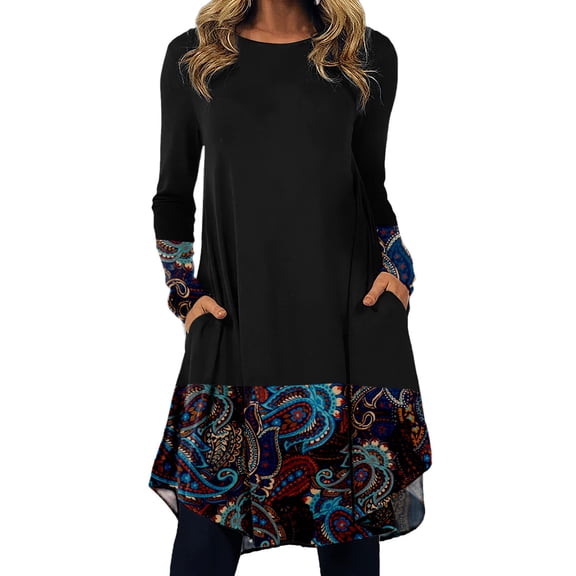 Bibifish Womens Dresses Western Ethnic Boho Dresses Irregular Hem Long Sleeve Midi Dresses With Pockets Flowy A Line Printed Dresses With Pockets