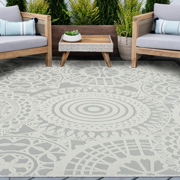 Bliss Rugs Geometric Large Indoor Outdoor Area Rug for Patio, Porch, Garden | Gray, 7'10'' x 10'2''