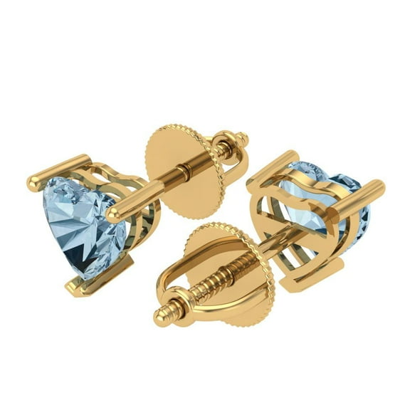 1.5 Ct Heart Cut Studs Blue Natural Aquamarine 14K Yellow Solid Solid Gold Everyday Dainty Earrings Screw Back