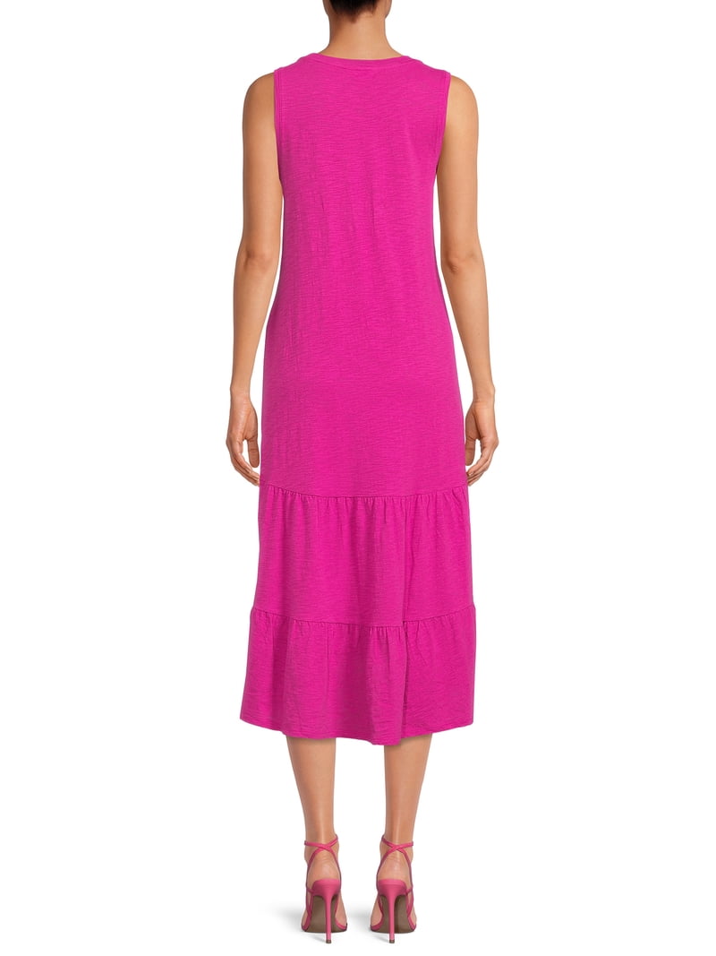 Time & Tru Women's Sleeveless Tiered Knit Dress with Pockets, Breathable Cotton