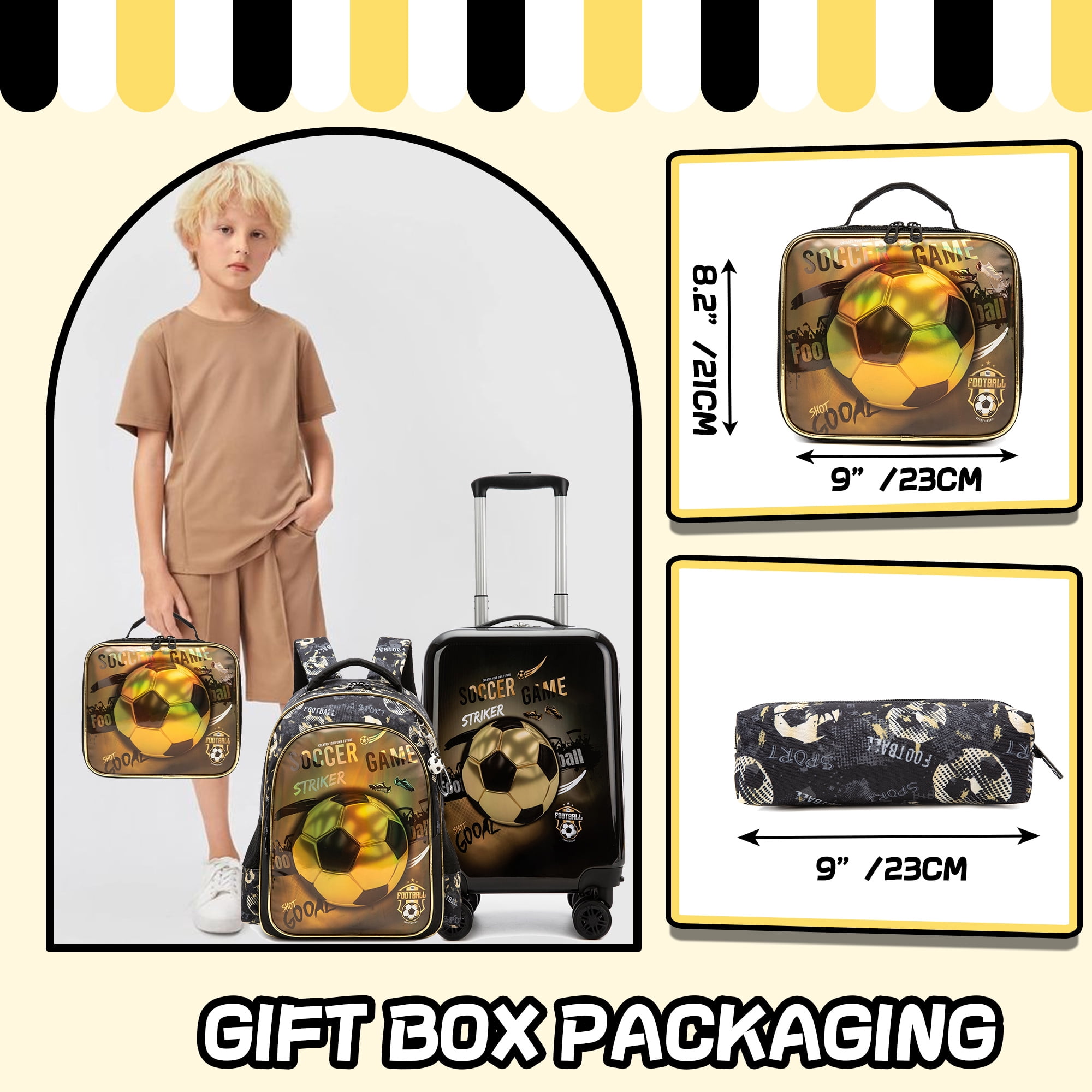 Kids Carry on Luggage Sets for Boys 5 Piece Hardshell Suitcase with Wheels with Travel Pillow School Backpack Lunch Bag 16 inch